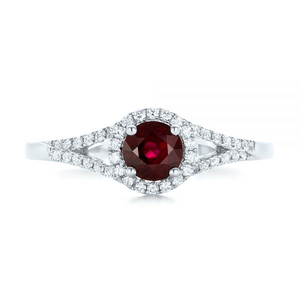 14k White Gold Ruby And Diamond Halo Ring - Top View -  102721