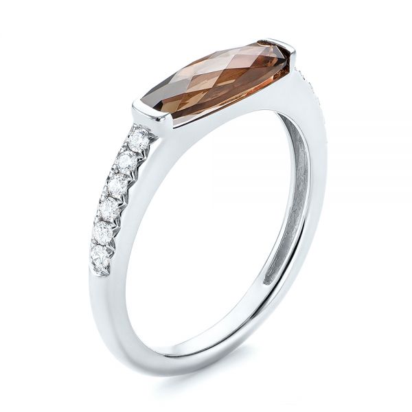 18k White Gold 18k White Gold Smokey Quartz And Diamond Stackable Ring - Three-Quarter View -  104574