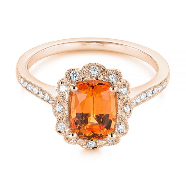 14k Rose Gold 14k Rose Gold Spessartite Garnet And Floral Diamond Halo Ring - Flat View - 105019