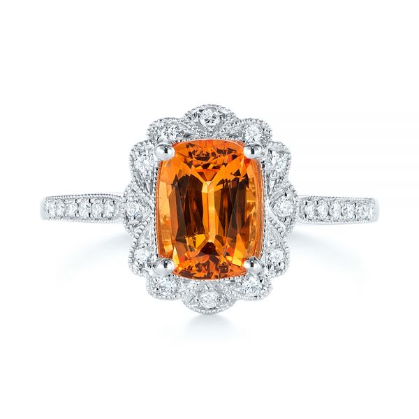 14k White Gold Spessartite Garnet And Floral Diamond Halo Ring - Top View - 105019