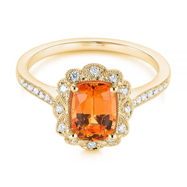 14k Yellow Gold 14k Yellow Gold Spessartite Garnet And Floral Diamond Halo Ring - Flat View - 105019