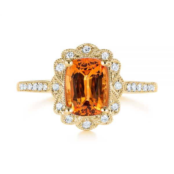 14k Yellow Gold 14k Yellow Gold Spessartite Garnet And Floral Diamond Halo Ring - Top View - 105019
