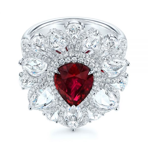 18k White Gold Starburst Diamond And Ruby Fashion Ring - Flat View -  105670