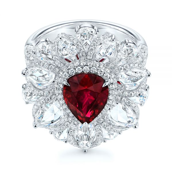 18k White Gold Starburst Diamond And Ruby Fashion Ring - Flat View - 105670