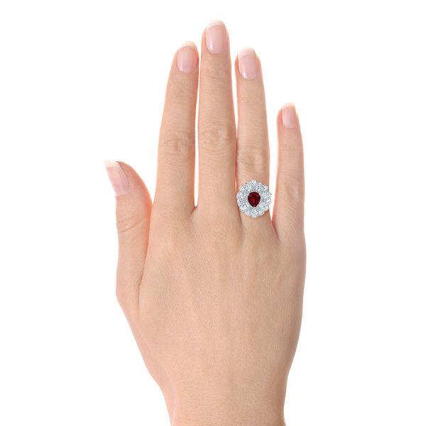 18k White Gold Starburst Diamond And Ruby Fashion Ring - Hand View - 105670