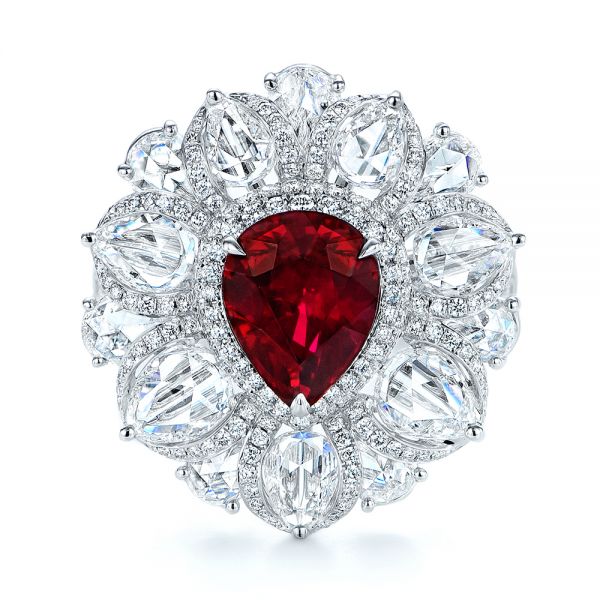 18k White Gold Starburst Diamond And Ruby Fashion Ring - Top View -  105670