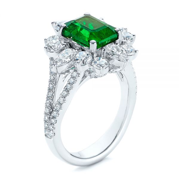 18k White Gold Starburst Emerald And Diamond Fashion Ring - Three-Quarter View -  105672