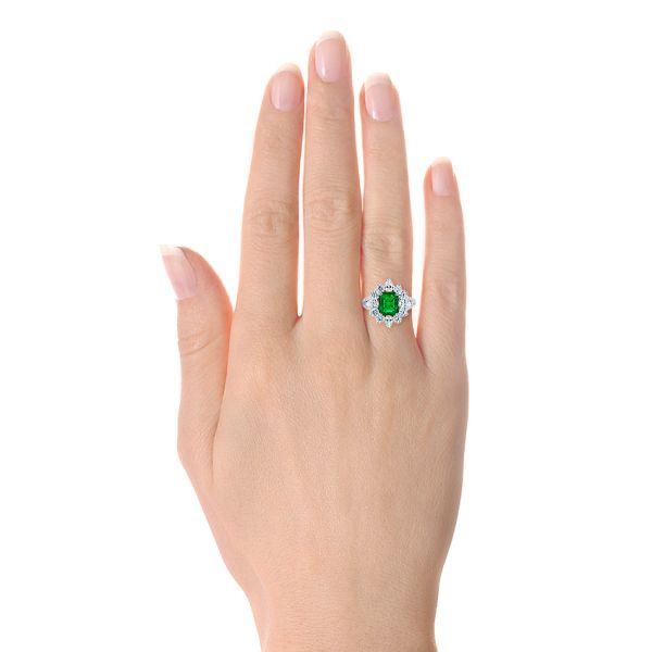 18k White Gold Starburst Emerald And Diamond Fashion Ring - Hand View -  105672