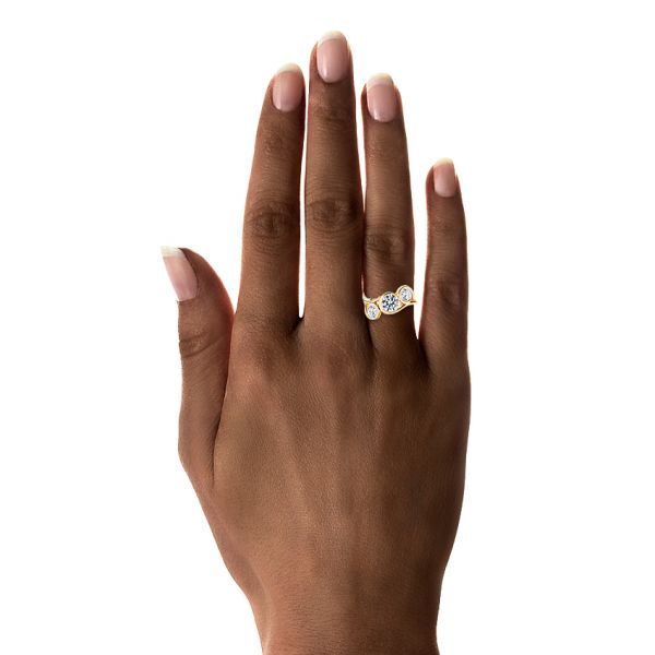 14k Yellow Gold Three Stone Wrapped Diamond Ring - Hand View #2 - 106166