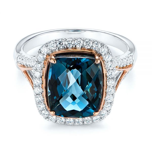 14k Rose Gold Two-tone London Blue Topaz And Diamond Ring - Flat View -  105008