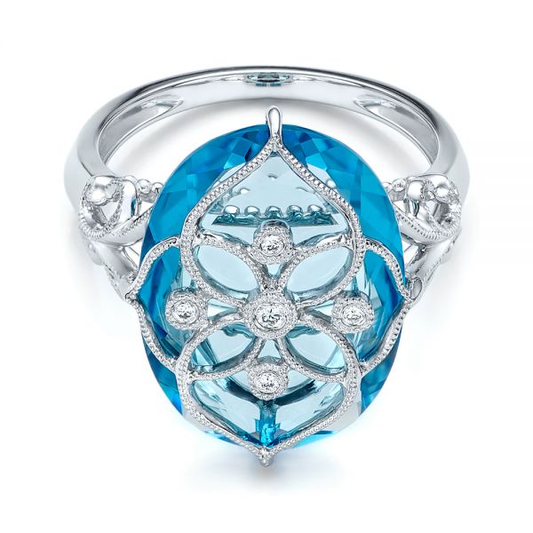 14k White Gold 14k White Gold Vintage Filigree Blue Topaz Fashion Ring - Vanna K - Flat View - 101858