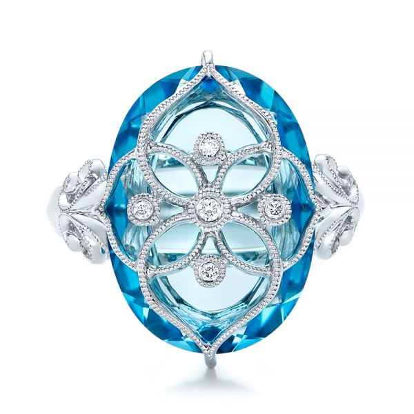 14k White Gold 14k White Gold Vintage Filigree Blue Topaz Fashion Ring - Vanna K - Top View -  101858