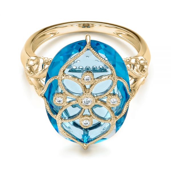 18k Yellow Gold 18k Yellow Gold Vintage Filigree Blue Topaz Fashion Ring - Vanna K - Flat View - 101858