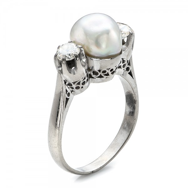 White Pearl And Diamond Ring - Three-Quarter View -  100765