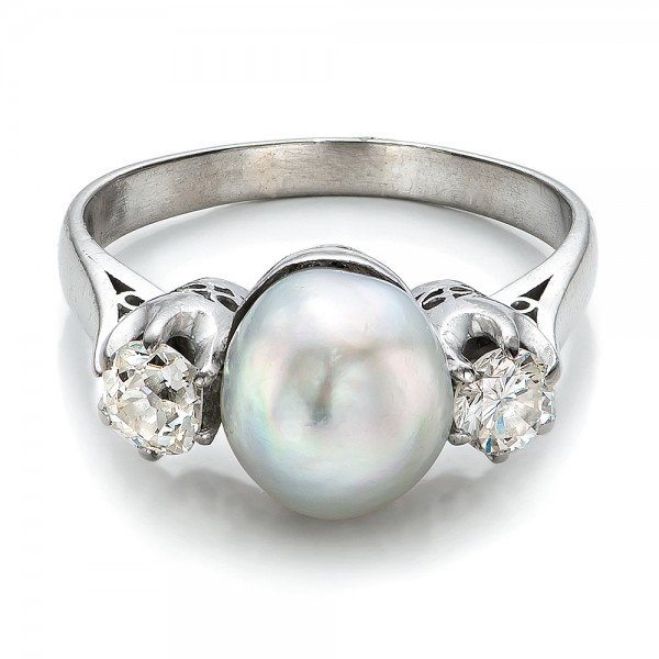 White Pearl And Diamond Ring - Flat View -  100765