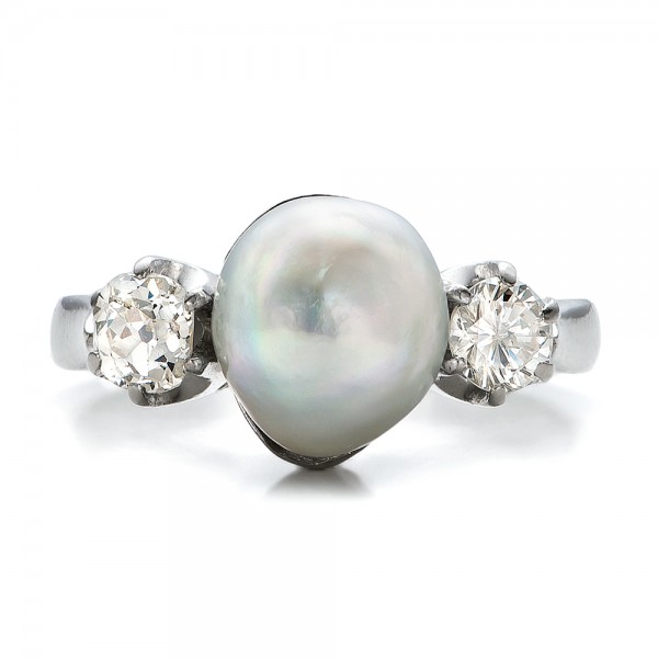 White Pearl And Diamond Ring - Top View -  100765