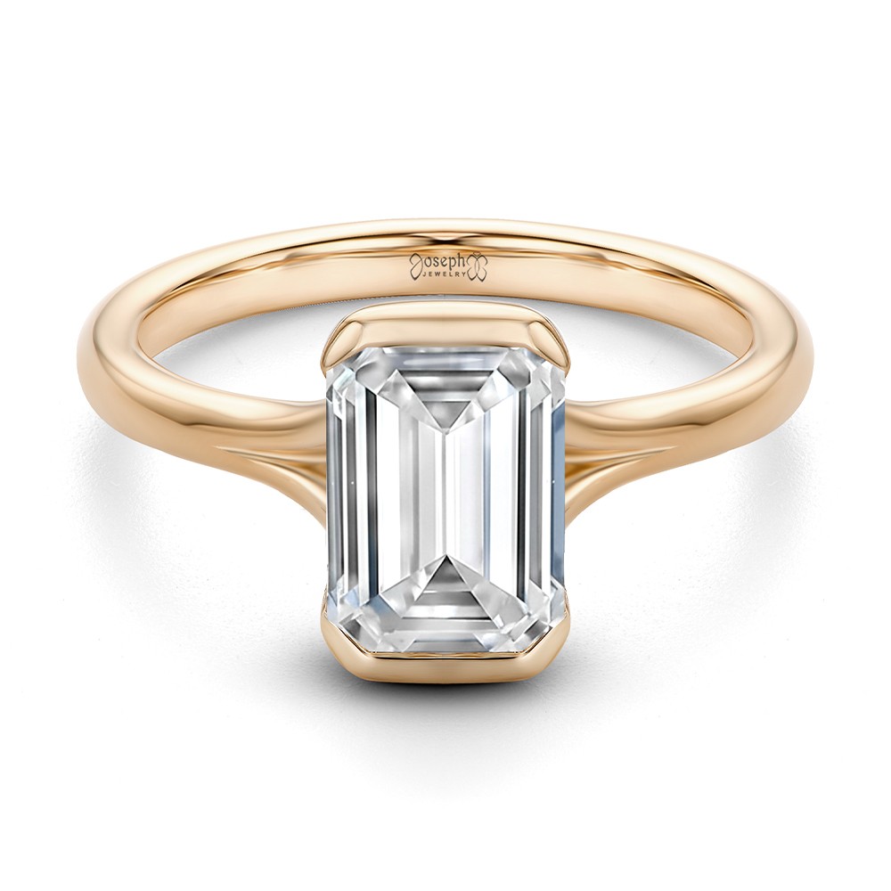18k Rose Gold 18k Rose Gold Half Bezel Petite Split Emerald Cut Diamond Engagement Ring - Flat View -  108336