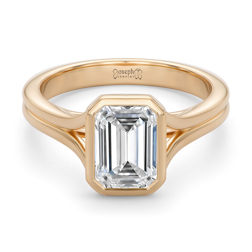 14k Rose Gold 14k Rose Gold Split Shank Bezel Set Emerald Diamond Engagement Ring - Flat View -  108339