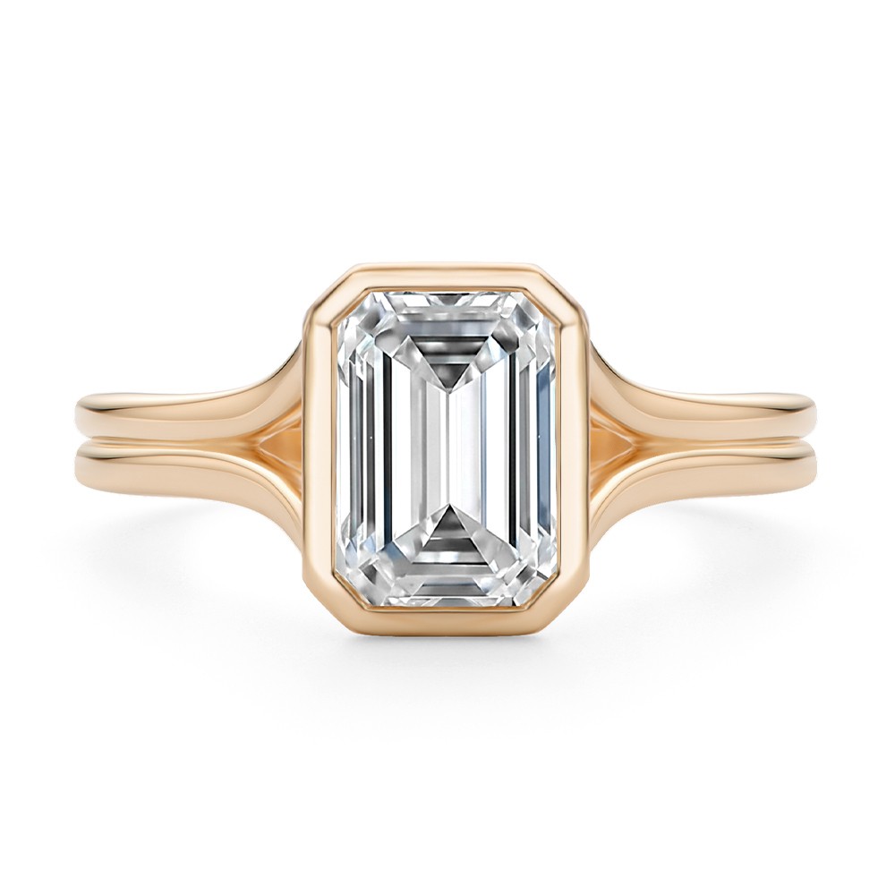 14k Rose Gold 14k Rose Gold Split Shank Bezel Set Emerald Diamond Engagement Ring - Top View -  108339