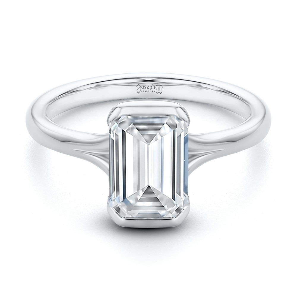 18k White Gold 18k White Gold Half Bezel Petite Split Emerald Cut Diamond Engagement Ring - Flat View -  108336