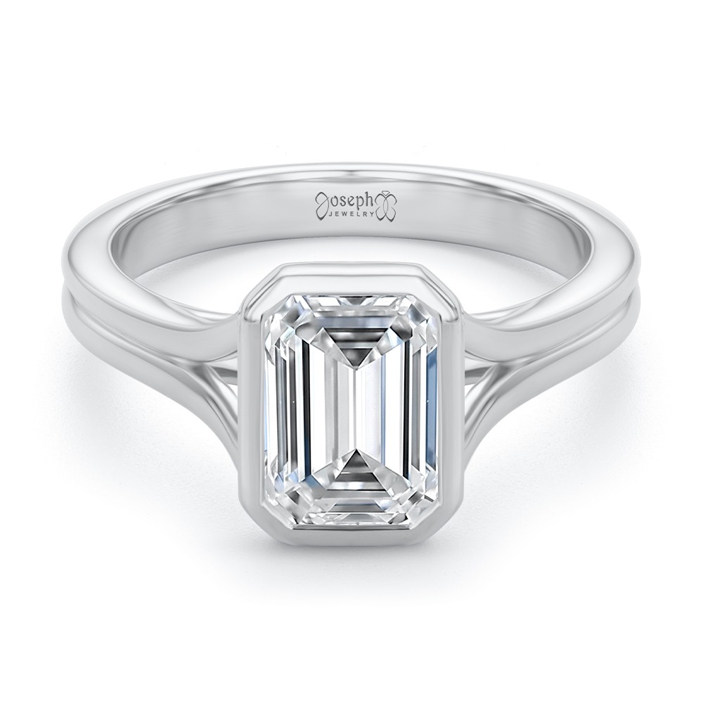 14k White Gold 14k White Gold Split Shank Bezel Set Emerald Diamond Engagement Ring - Flat View -  108339