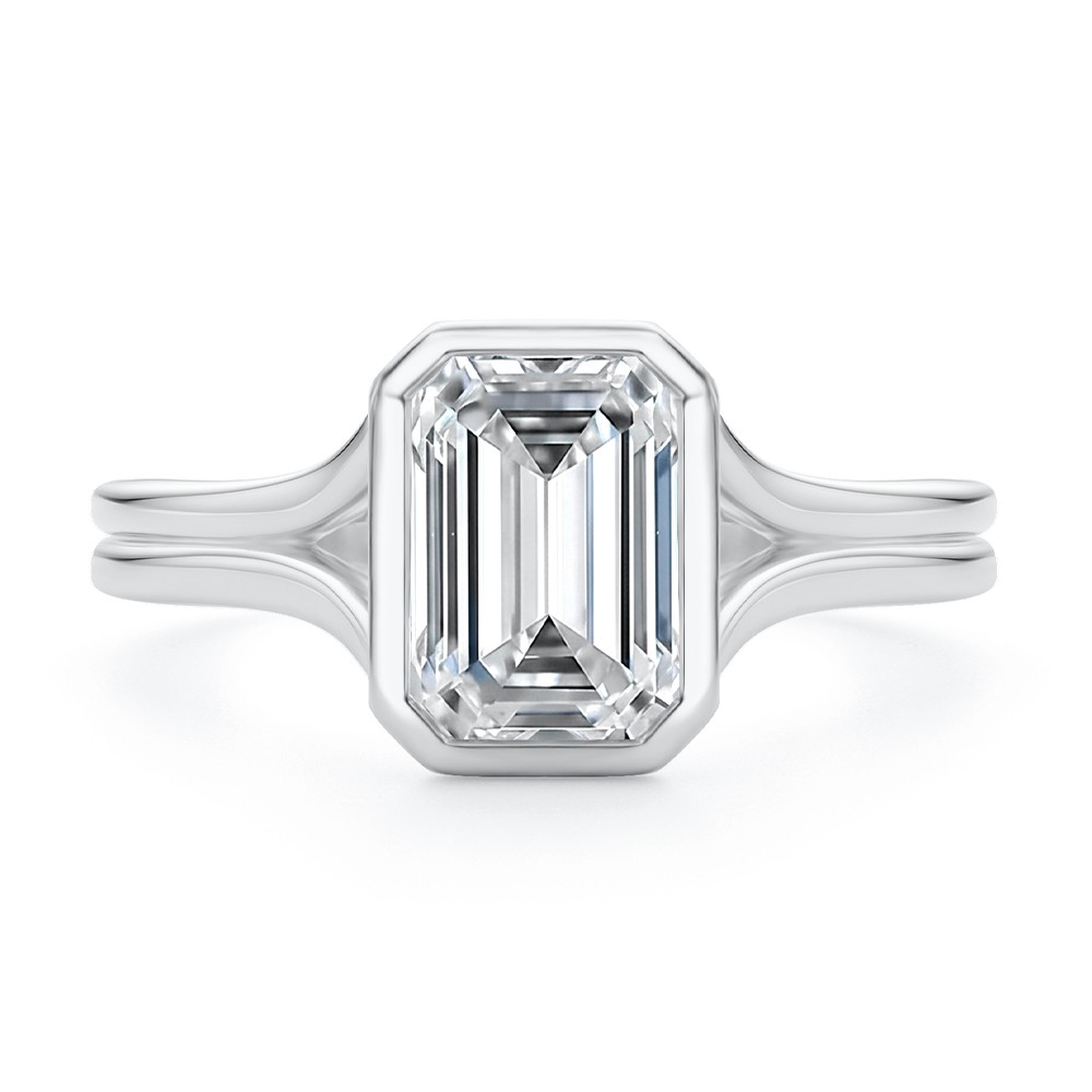 14k White Gold 14k White Gold Split Shank Bezel Set Emerald Diamond Engagement Ring - Top View -  108339