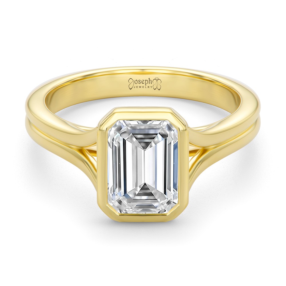 14k Yellow Gold Split Shank Bezel Set Emerald Diamond Engagement Ring - Flat View -  108339