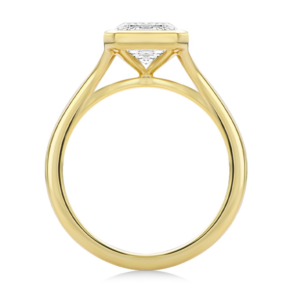 14k Yellow Gold Split Shank Bezel Set Emerald Diamond Engagement Ring - Front View -  108339