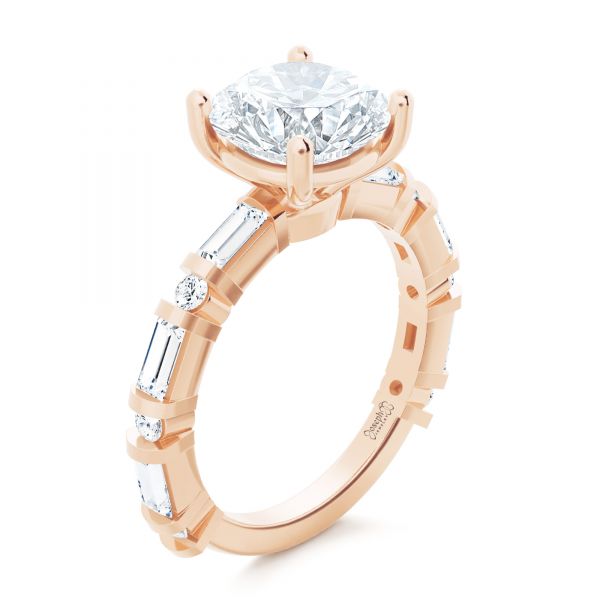 18k Rose Gold 18k Rose Gold Alternating Round And Baguette Diamond Engagement Ring - Three-Quarter View -  107219