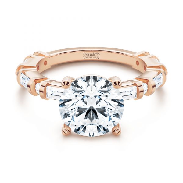 18k Rose Gold 18k Rose Gold Alternating Round And Baguette Diamond Engagement Ring - Flat View -  107219