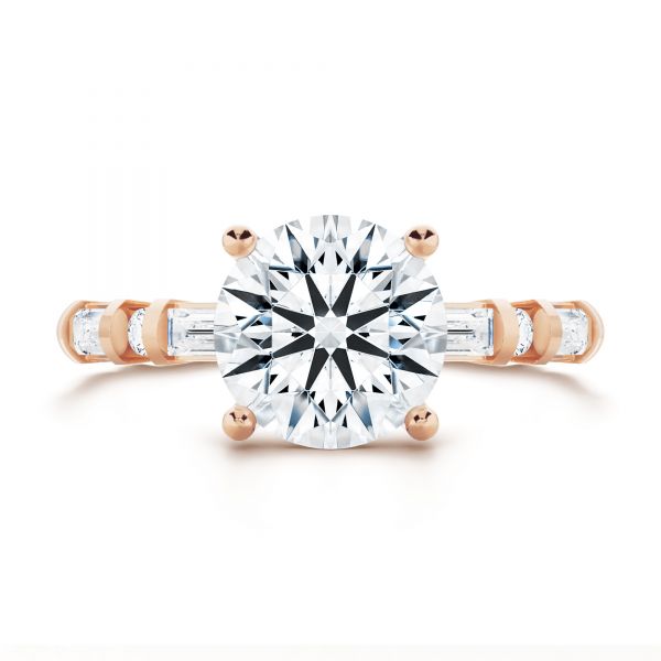 18k Rose Gold 18k Rose Gold Alternating Round And Baguette Diamond Engagement Ring - Top View -  107219