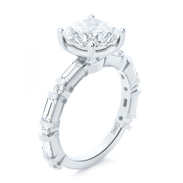 18k White Gold 18k White Gold Alternating Round And Baguette Diamond Engagement Ring - Three-Quarter View -  107219