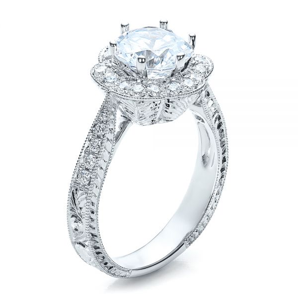 18k White Gold Antique Hand Engraved Engagement Ring - Vanna K - Three-Quarter View -  100040