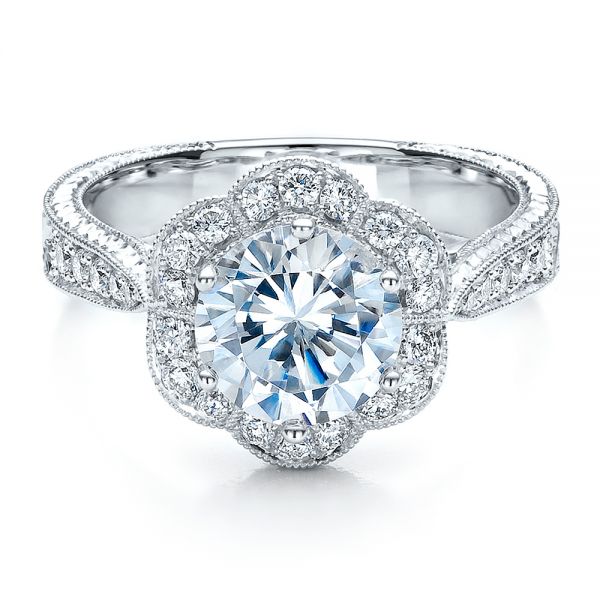 18k White Gold Antique Hand Engraved Engagement Ring - Vanna K - Flat View - 100040