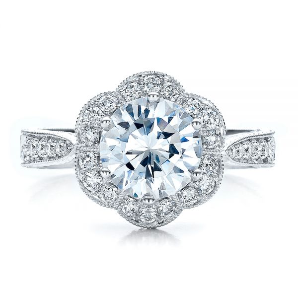 18k White Gold Antique Hand Engraved Engagement Ring - Vanna K - Top View - 100040