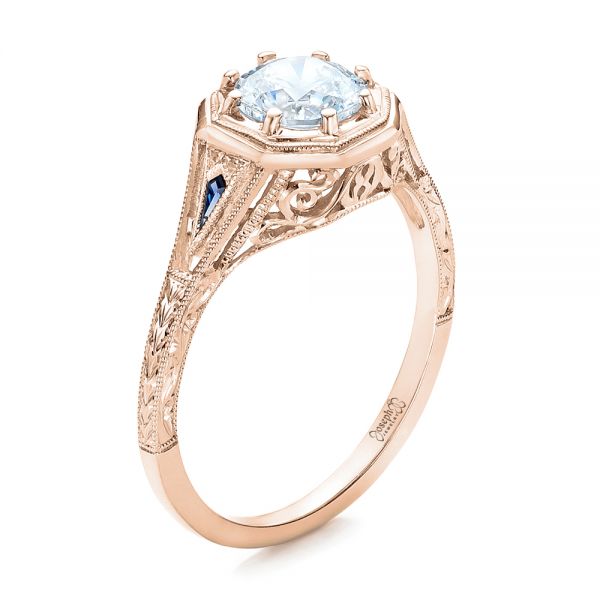 18k Rose Gold 18k Rose Gold Art Deco Blue Sapphire And Diamond Engagement Ring - Three-Quarter View -  101988