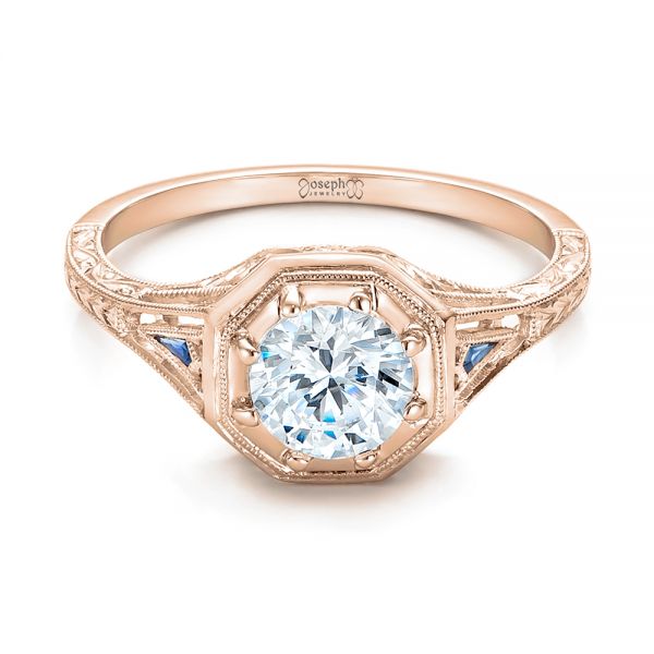 18k Rose Gold 18k Rose Gold Art Deco Blue Sapphire And Diamond Engagement Ring - Flat View - 101988