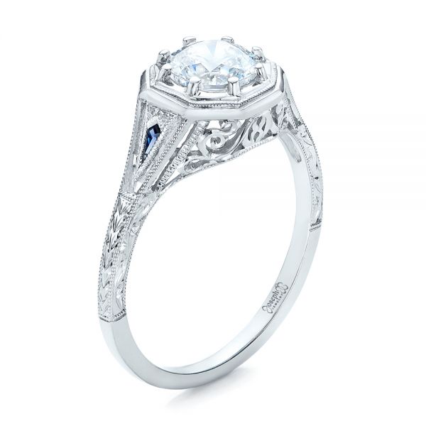 18k White Gold Art Deco Blue Sapphire And Diamond Engagement Ring - Three-Quarter View -  101988