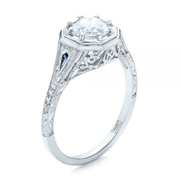 14k White Gold 14k White Gold Art Deco Blue Sapphire And Diamond Engagement Ring - Three-Quarter View -  101988