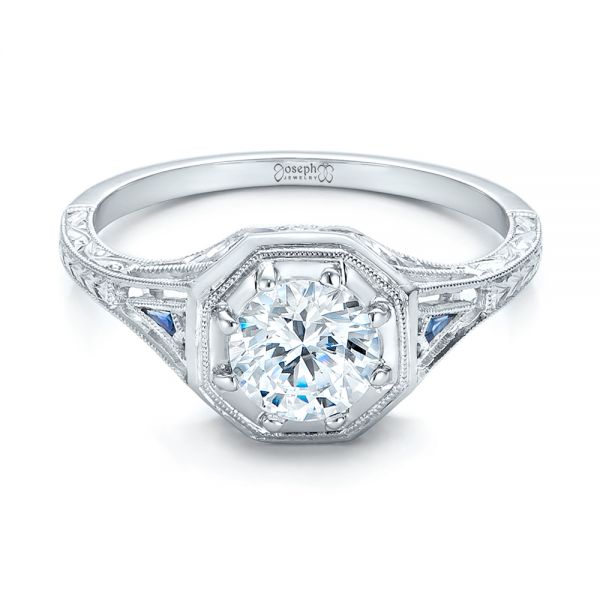 18k White Gold Art Deco Blue Sapphire And Diamond Engagement Ring - Flat View - 101988