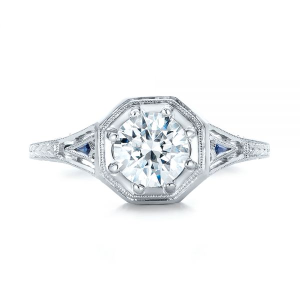 18k White Gold Art Deco Blue Sapphire And Diamond Engagement Ring - Top View - 101988