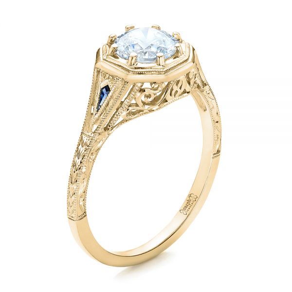 14k Yellow Gold 14k Yellow Gold Art Deco Blue Sapphire And Diamond Engagement Ring - Three-Quarter View -  101988
