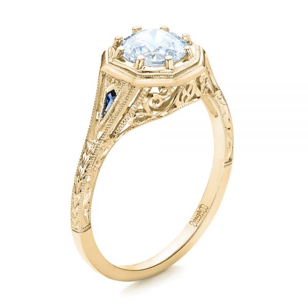 18k Yellow Gold 18k Yellow Gold Art Deco Blue Sapphire And Diamond Engagement Ring - Three-Quarter View -  101988