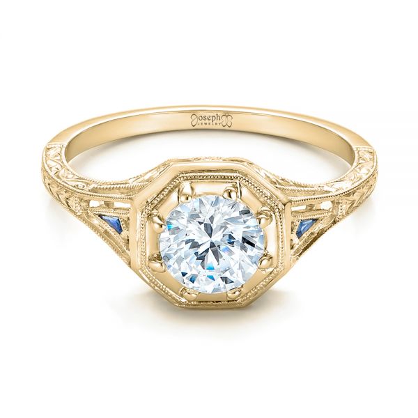 18k Yellow Gold 18k Yellow Gold Art Deco Blue Sapphire And Diamond Engagement Ring - Flat View - 101988