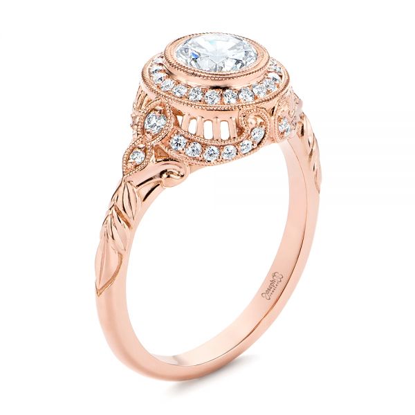 14k Rose Gold Art Deco Diamond Halo Engagement Ring - Three-Quarter View -  105790