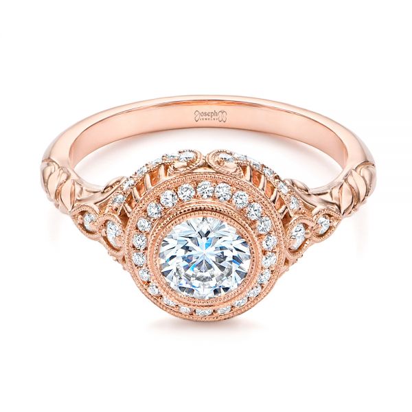 14k Rose Gold Art Deco Diamond Halo Engagement Ring - Flat View - 105790