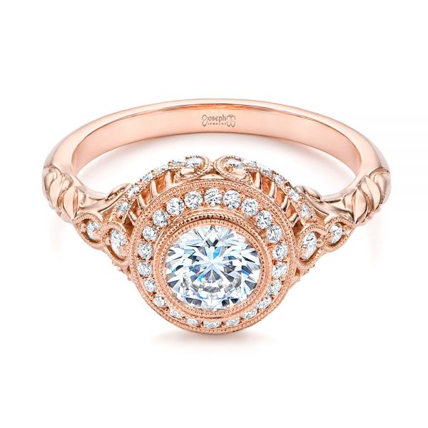 14k Rose Gold Art Deco Diamond Halo Engagement Ring - Flat View -  105790