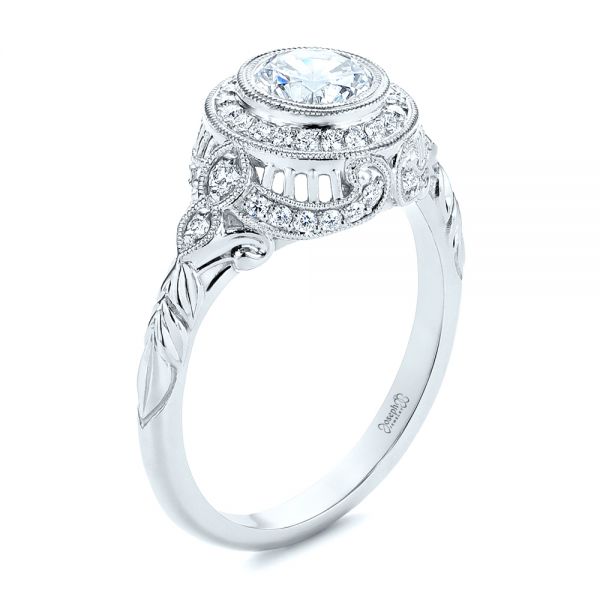 14k White Gold 14k White Gold Art Deco Diamond Halo Engagement Ring - Three-Quarter View -  105790