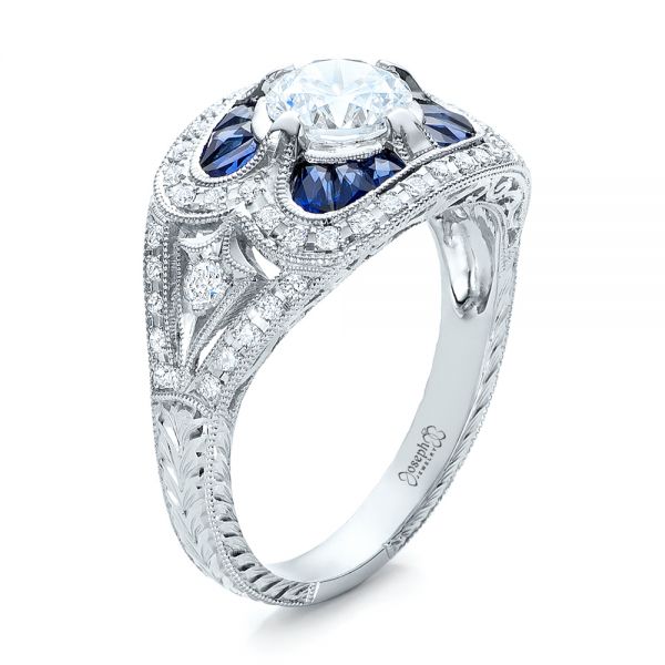 Art Deco Diamond And Blue Sapphire Engagement Ring - Three-Quarter View -  101985