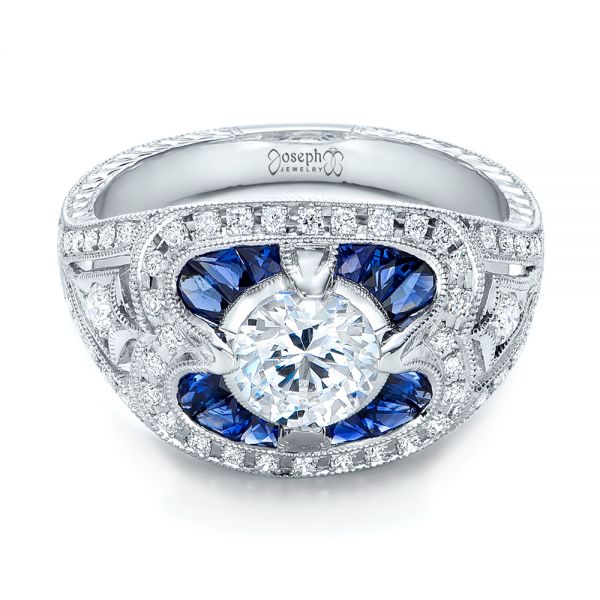 Art Deco Diamond And Blue Sapphire Engagement Ring - Flat View - 101985